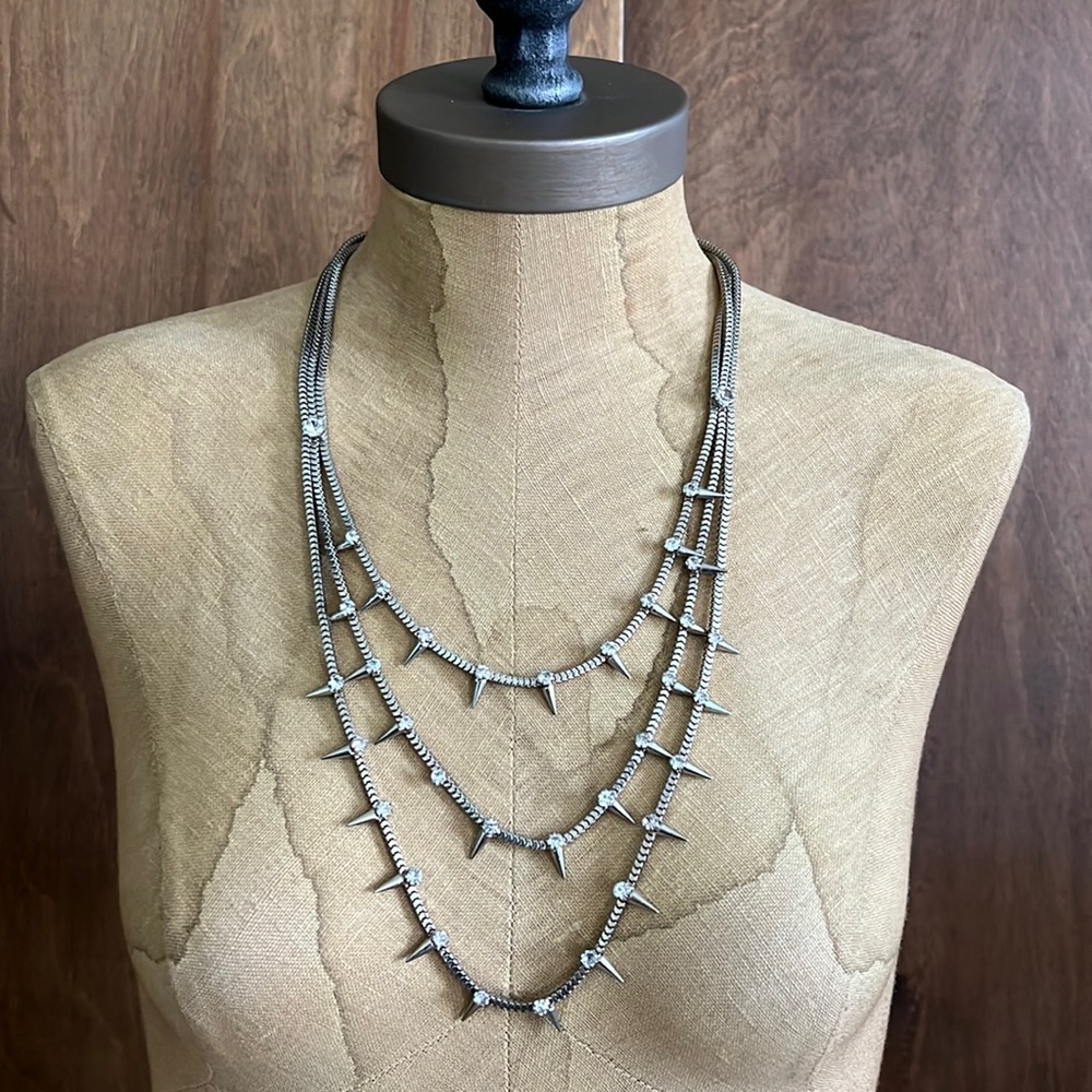 Silver layered rhinestone spike necklace